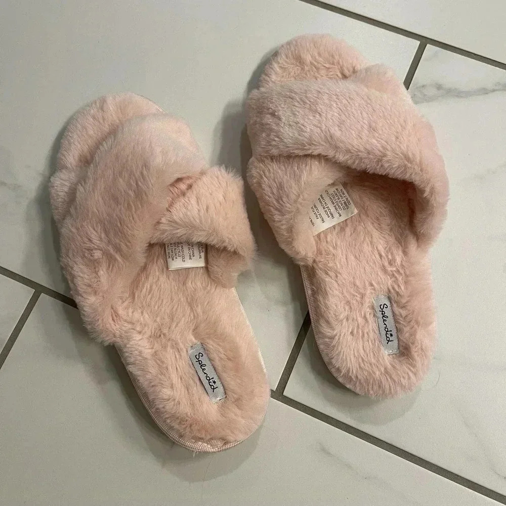 Splendid Womens Open Toe Flat Slip-On Cozy Faux Fur Slippers Pink Size M/L